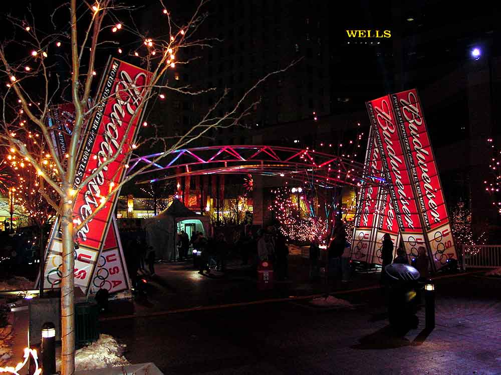 Budweiser lit towers for 2002 Winter Olympic Games