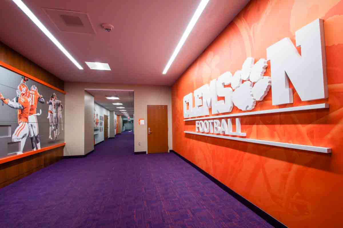 hallway branded with collegiate sports team Clemson