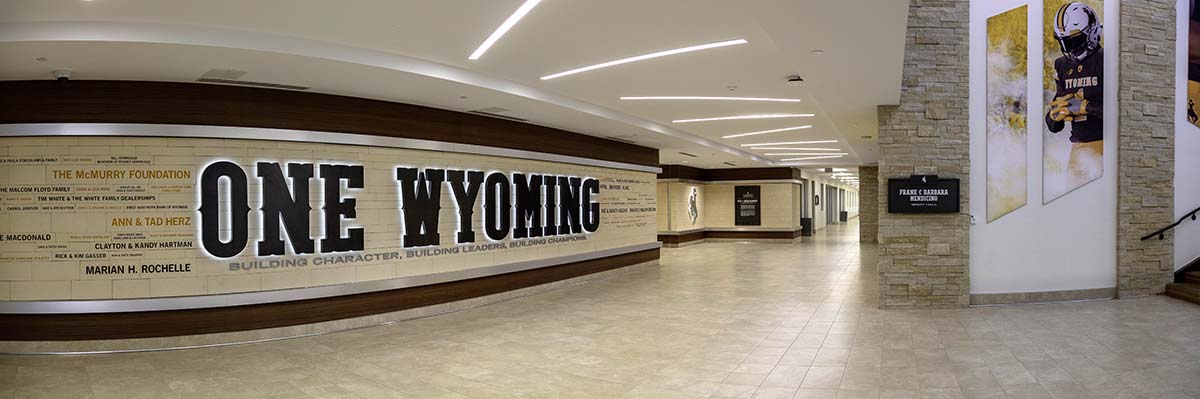 panorama shot of the hall way in a football facility