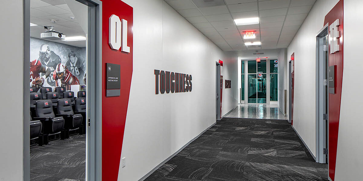 hallway of team rooms for the university of south carolina football team